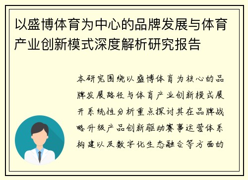 以盛博体育为中心的品牌发展与体育产业创新模式深度解析研究报告